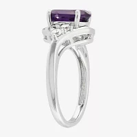 Womens Genuine Purple Amethyst Sterling Silver Oval Side Stone Cocktail Ring