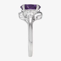 Womens Genuine Purple Amethyst Sterling Silver Oval Side Stone Cocktail Ring