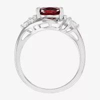 Womens Genuine Red Garnet Sterling Silver Oval Side Stone Cocktail Ring