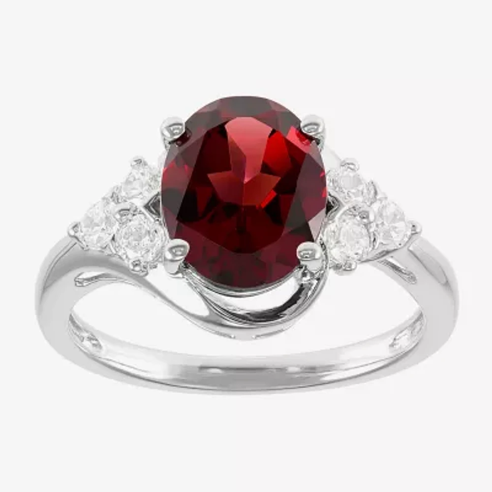Womens Genuine Red Garnet Sterling Silver Oval Side Stone Cocktail Ring