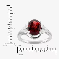 Womens Genuine Red Garnet Sterling Silver Oval Side Stone Cocktail Ring