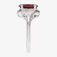 Womens Genuine Red Garnet Sterling Silver Oval Side Stone Cocktail Ring