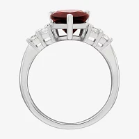 Womens Genuine Red Garnet Sterling Silver Pear Side Stone Cocktail Ring
