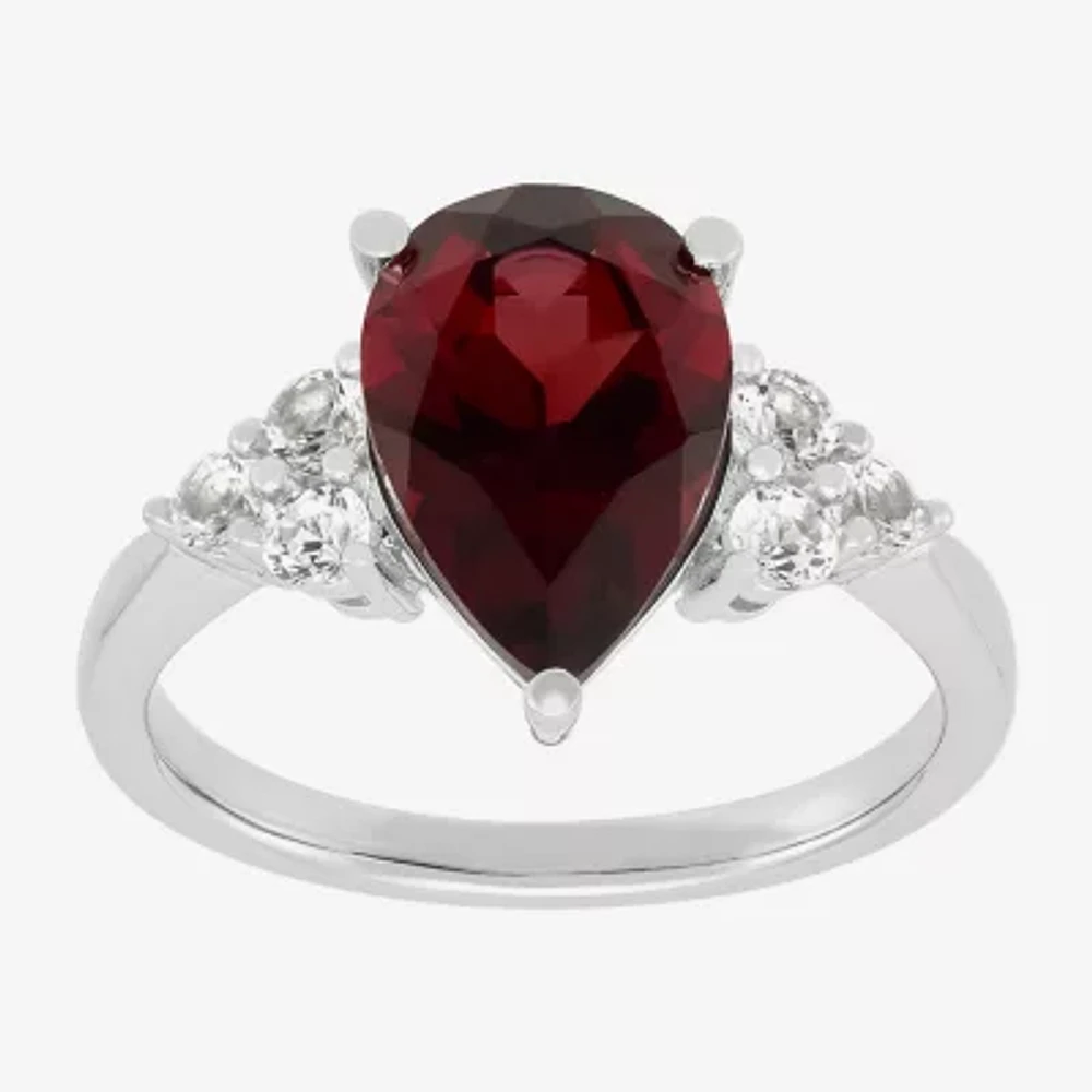 Womens Genuine Red Garnet Sterling Silver Pear Side Stone Cocktail Ring