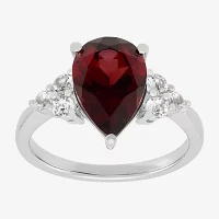 Womens Genuine Red Garnet Sterling Silver Pear Side Stone Cocktail Ring