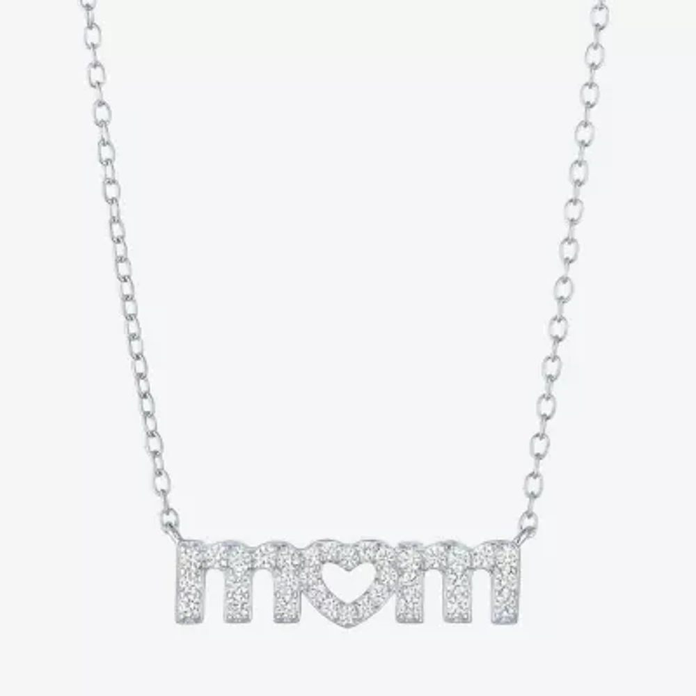 Yes Please! "Mom" Womens Lab Created White Sapphire Sterling Silver Pendant Necklaces