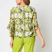 Black Label by Evan-Picone Floral Womens Crew Neck 3/4 Sleeve Blouse