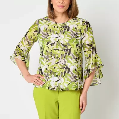 Black Label by Evan-Picone Floral Womens Crew Neck 3/4 Sleeve Blouse