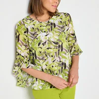 Black Label by Evan-Picone Floral Womens Crew Neck 3/4 Sleeve Blouse