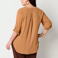 Worthington Plus Womens Split Crew Neck 3/4 Sleeve Blouse