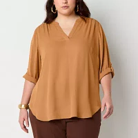 Worthington Plus Womens Split Crew Neck 3/4 Sleeve Blouse