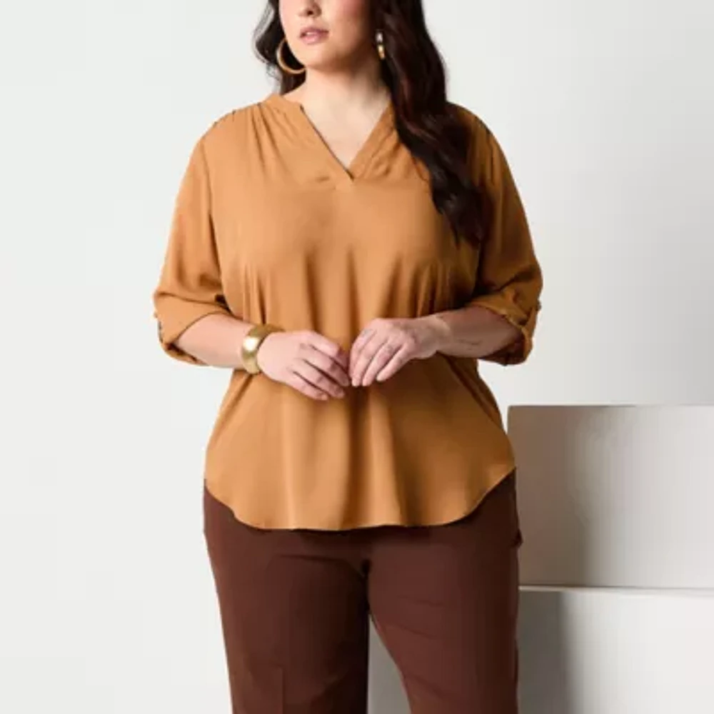 Worthington Plus Womens Split Crew Neck 3/4 Sleeve Blouse