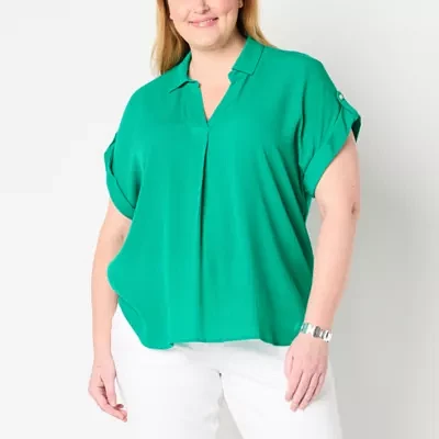 Liz Claiborne Plus Womens V Neck Short Sleeve Blouse