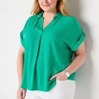 Liz Claiborne Plus Womens V Neck Short Sleeve Blouse