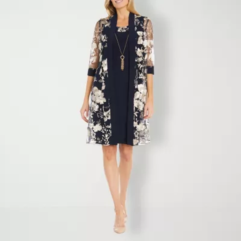 R & M Richards Floral Jacket Dress With Removable Necklace