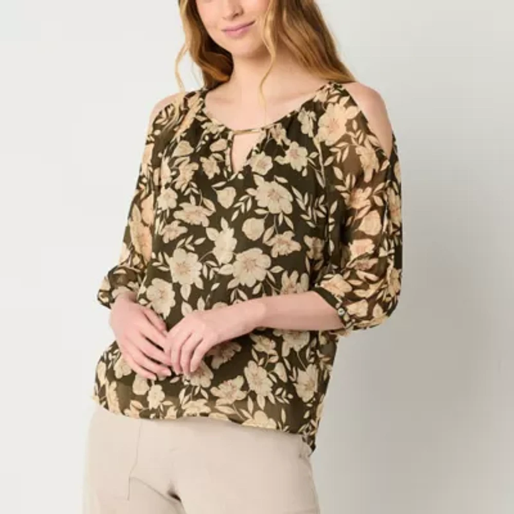 Brannan Womens Keyhole Neck 3/4 Sleeve Blouse