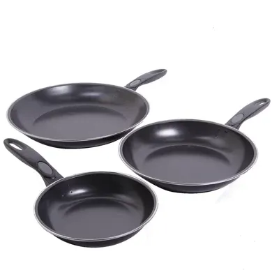 Aventura 3 pc Frying Pan Set - Black - Ez Cook - Euro Bakelite Handle - Carbon Steel - O/S - Shrink Wrap