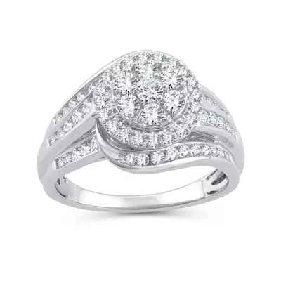 Womens 1 CT. T.W. Natural White Diamond 10K Gold Round Side Stone Halo Engagement Ring