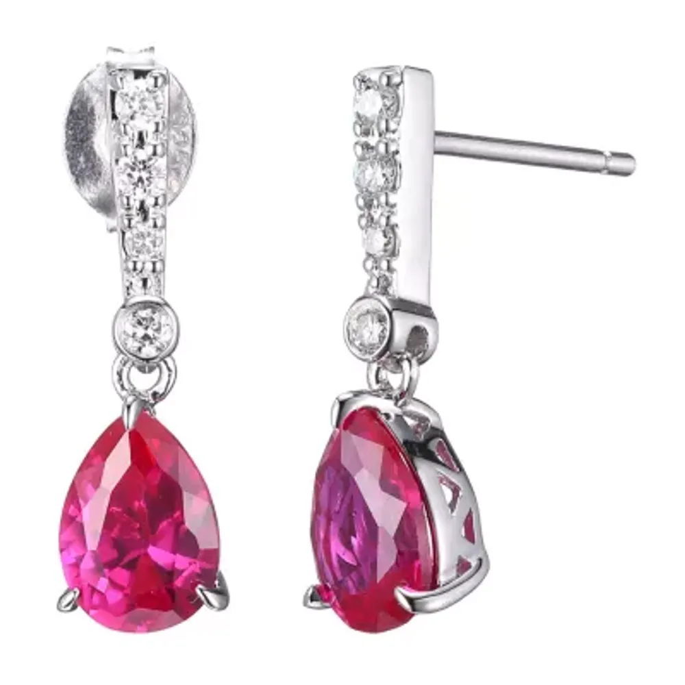 Lab Grown Red Ruby & 1/10 CT. T.W. Lab Grown White Diamond  Sterling Silver Drop Earrings