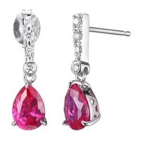 Lab Grown Red Ruby & 1/10 CT. T.W. Lab Grown White Diamond  Sterling Silver Drop Earrings