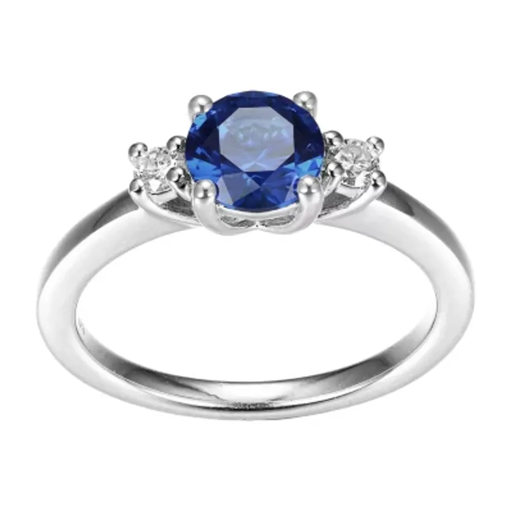 Womens Lab Grown Blue Sapphire & 1/7 CT. T.W. Lab Grown White Diamond Sterling Silver 3-Stone Cocktail Ring