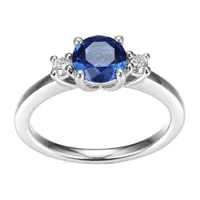 Womens Lab Grown Blue Sapphire & 1/7 CT. T.W. Lab Grown White Diamond Sterling Silver 3-Stone Cocktail Ring