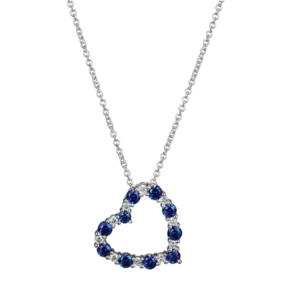 Womens Lab Grown Blue Sapphire & 1/7 CT. T.W. Lab Grown White Diamond Sterling Silver Heart Pendant Necklace