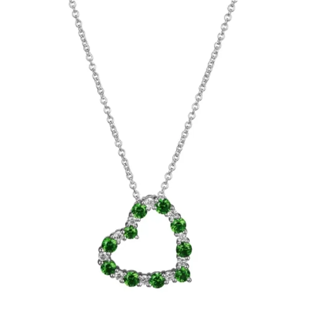 Womens Lab Grown Green Emerald & 1/7 CT. T.W. Lab Grown White Diamond Sterling Silver Heart Pendant Necklace