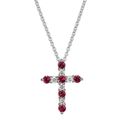 Womens Lab Grown Red Ruby & 1/8 CT. T.W. Lab Grown White Diamond Sterling Silver Cross Pendant Necklace