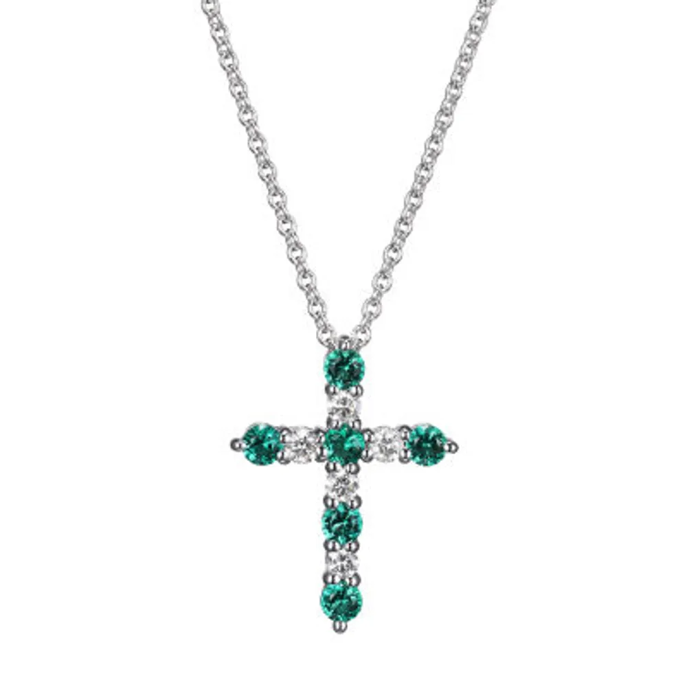 Womens Lab Grown Green Emerald & 1/8 CT. T.W. Lab Grown White Diamond Sterling Silver Cross Pendant Necklace