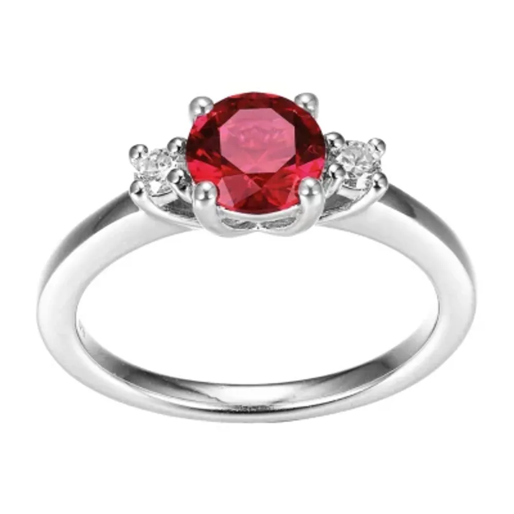 Womens Lab Grown Red Ruby & 1/7 CT. T.W. Lab Grown White Diamond Sterling Silver 3-Stone Cocktail Ring