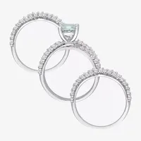 Modern Bride Gemstone Womens Genuine Blue Aquamarine Sterling Silver Round Bridal Set