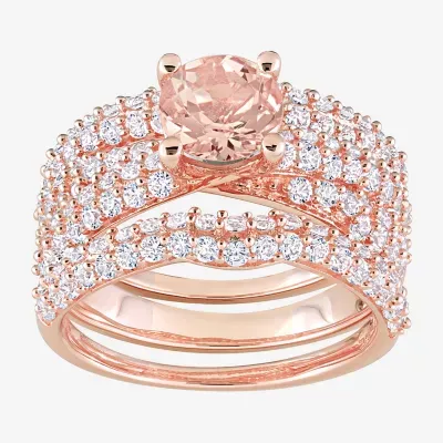 Modern Bride Gemstone Womens Genuine Pink Morganite 18K Rose Gold Over Silver Round Bridal Set