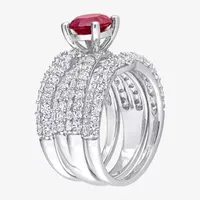 Modern Bride Gemstone Womens Lab Created Red Ruby Sterling Silver Round Bridal Set