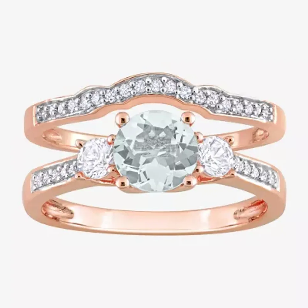 Modern Bride Gemstone Womens 1/8 CT. T.W. Genuine Blue Aquamarine 10K Rose Gold Round 3-Stone Bridal Set