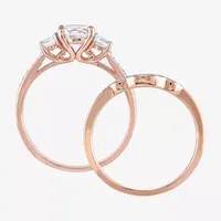 Modern Bride Gemstone Womens 1/8 CT. T.W. Lab Created White Sapphire 10K Rose Gold Round 3-Stone Bridal Set