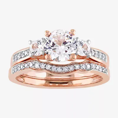 Modern Bride Gemstone Womens 1/8 CT. T.W. Lab Created White Sapphire 10K Rose Gold Round 3-Stone Bridal Set