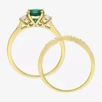 Modern Bride Gemstone Womens 1/8 CT. T.W. Lab Created Green Emerald 10K Gold Round 3-Stone Bridal Set