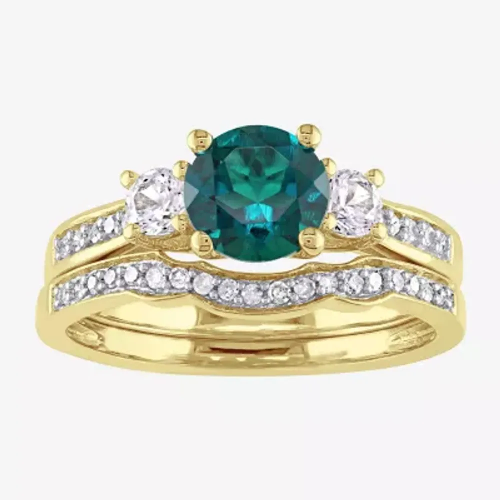 Modern Bride Gemstone Womens 1/8 CT. T.W. Lab Created Green Emerald 10K Gold Round 3-Stone Bridal Set