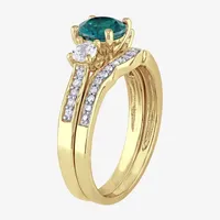 Modern Bride Gemstone Womens 1/8 CT. T.W. Lab Created Green Emerald 10K Gold Round 3-Stone Bridal Set