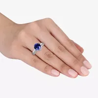 Modern Bride Gemstone Womens Lab Created Blue Sapphire 10K White Gold Round Solitaire Bridal Set