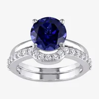 Modern Bride Gemstone Womens Lab Created Blue Sapphire 10K White Gold Round Solitaire Bridal Set