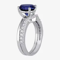 Modern Bride Gemstone Womens Lab Created Blue Sapphire 10K White Gold Round Solitaire Bridal Set