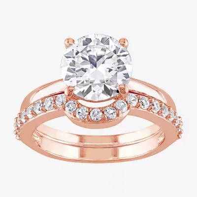 Modern Bride Gemstone Womens Lab Created White Sapphire 10K Rose Gold Round Side Stone Solitaire Bridal Set