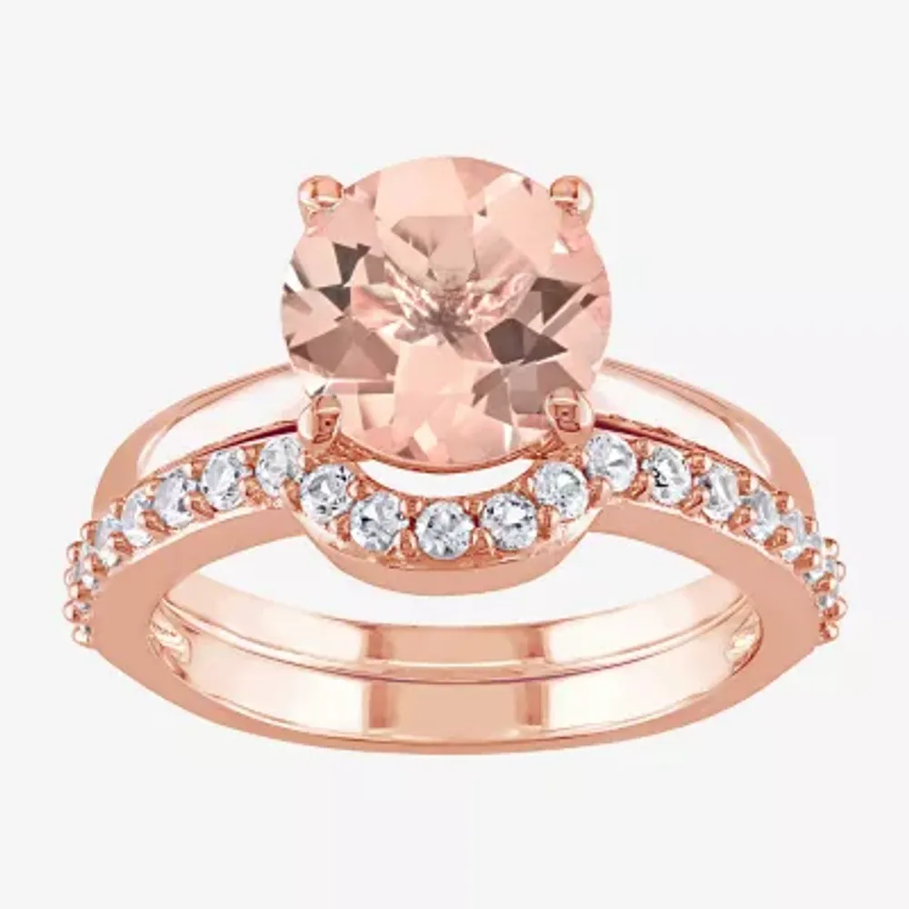 Modern Bride Gemstone Womens Genuine Pink Morganite 10K Rose Gold Round Bridal Set