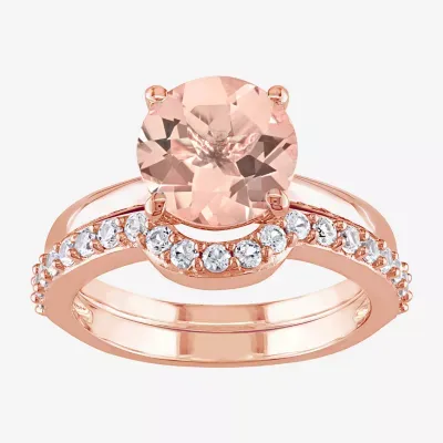 Modern Bride Gemstone Womens Genuine Pink Morganite 10K Rose Gold Round Bridal Set