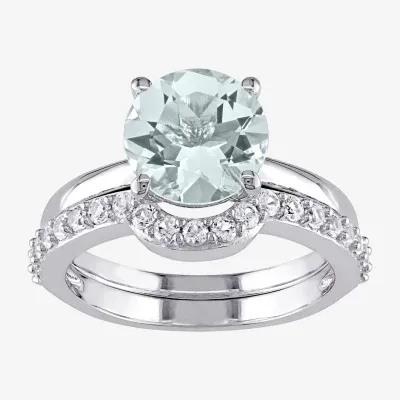 Modern Bride Gemstone Womens Genuine Blue Aquamarine 10K White Gold Round Bridal Set