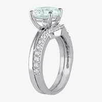 Modern Bride Gemstone Womens Genuine Blue Aquamarine 10K White Gold Round Bridal Set