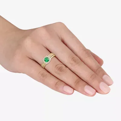 Modern Bride Gemstone Womens Lab Created Green Emerald 18K Gold Over Silver Cushion Side Stone Halo Bridal Set