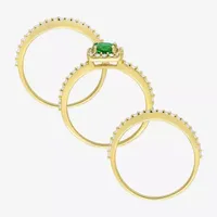 Modern Bride Gemstone Womens Lab Created Green Emerald 18K Gold Over Silver Cushion Side Stone Halo Bridal Set